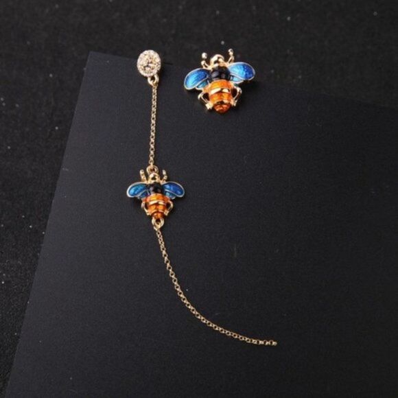Blue Enamel Glaze Mismatch Crystal Bee Asymmetrical Gold Statement Drop Earrings - Picture 11 of 13